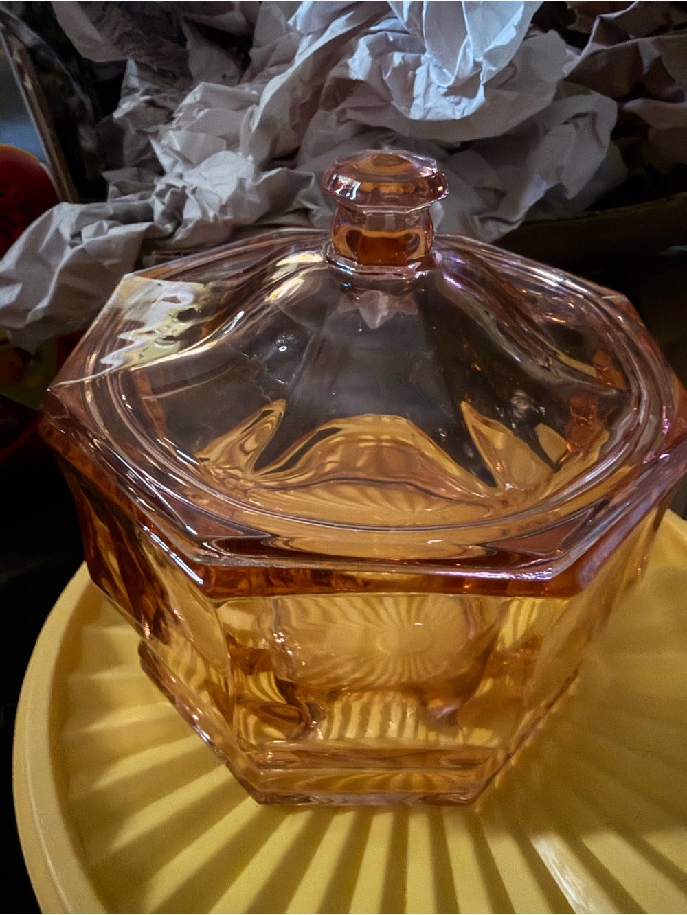 Vintage Pink Depression Glass Octagonal Candy Dish with Lid